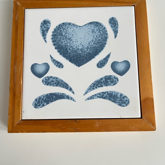 Other - Vintage Cottagecore Blue Heart Tile Trivet Wall Decor Wood Frame Made in Taiwan